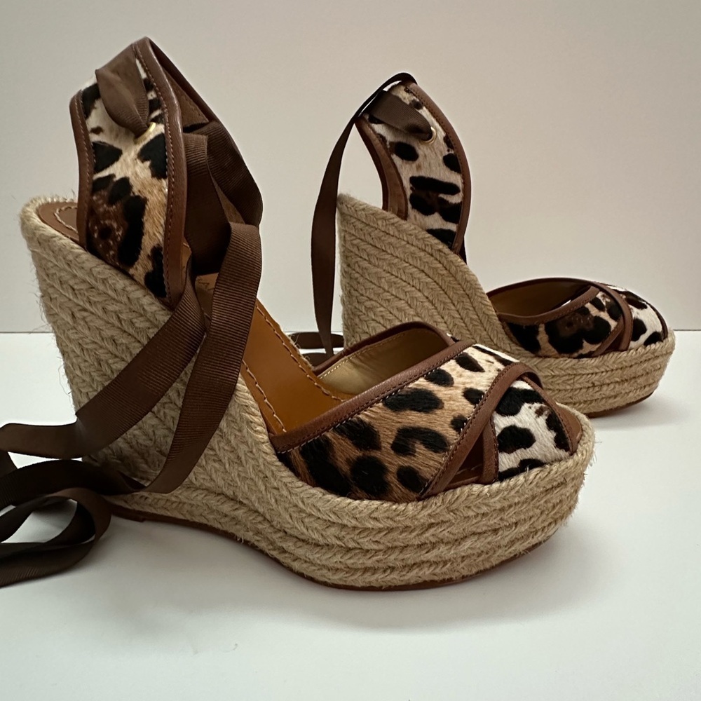 New Dolce & Gabbana Leopard Pony Hair Espadrille/Ankle Wrap Wedge